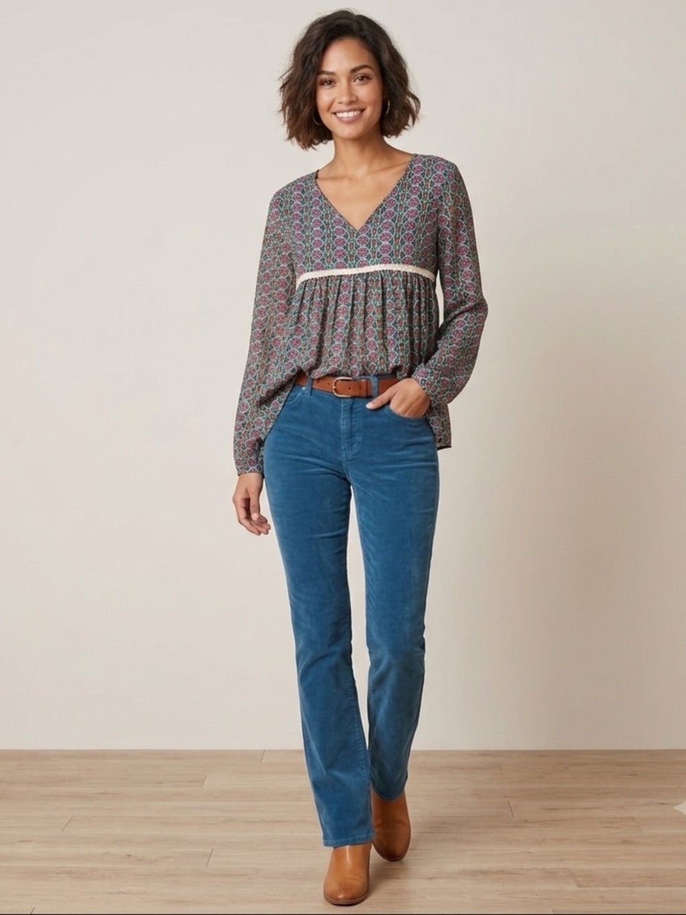 NATURAL LIFE Multicolor Geometric Blouse & Seven7 corduroy Teal jeans